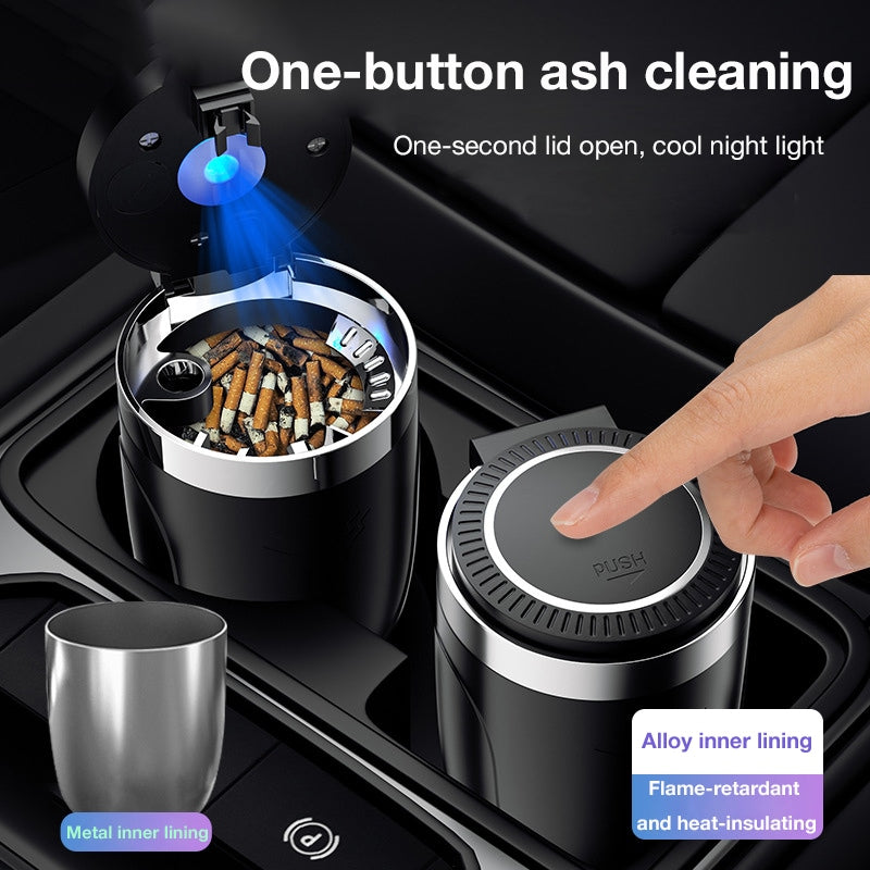 Car Ashtray with One-Touch Lid, Soft LED Light, Metal Inner Liner, Automotive Cigarette Ashtray