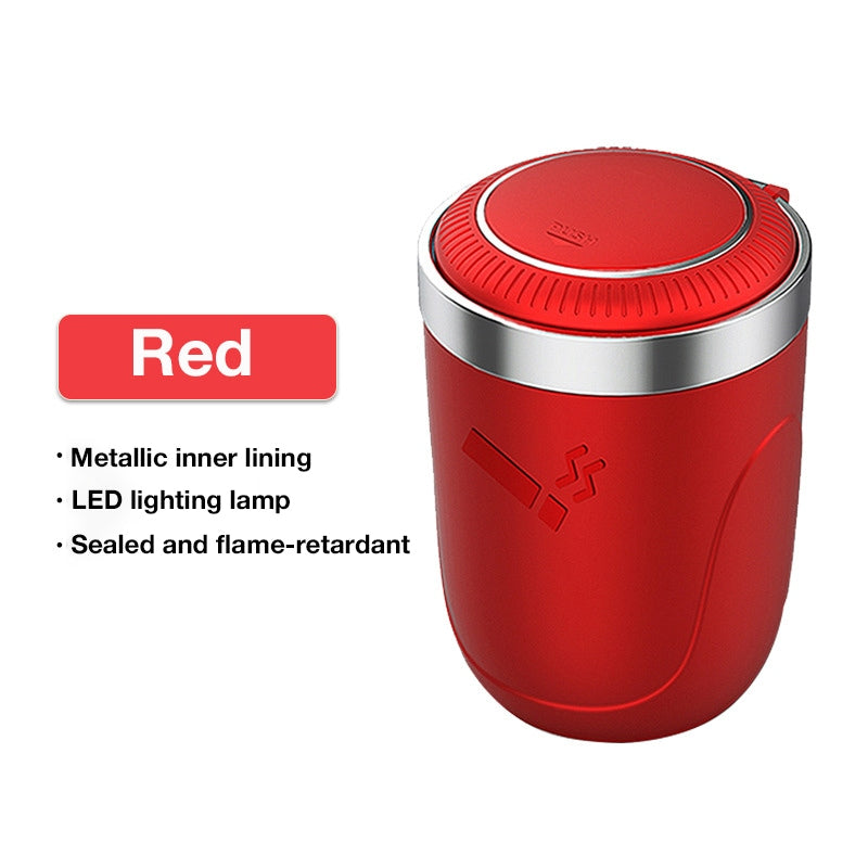 Car Ashtray with One-Touch Lid, Soft LED Light, Metal Inner Liner, Automotive Cigarette Ashtray