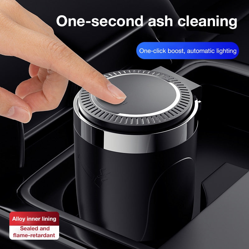 Car Ashtray with One-Touch Lid, Soft LED Light, Metal Inner Liner, Automotive Cigarette Ashtray
