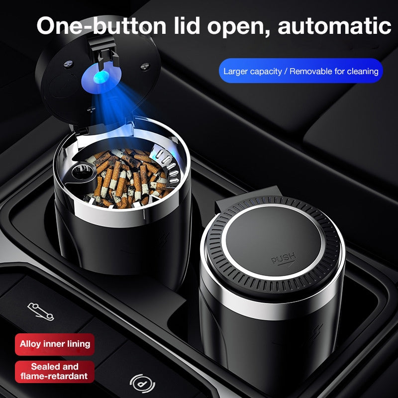 Car Ashtray with One-Touch Lid, Soft LED Light, Metal Inner Liner, Automotive Cigarette Ashtray