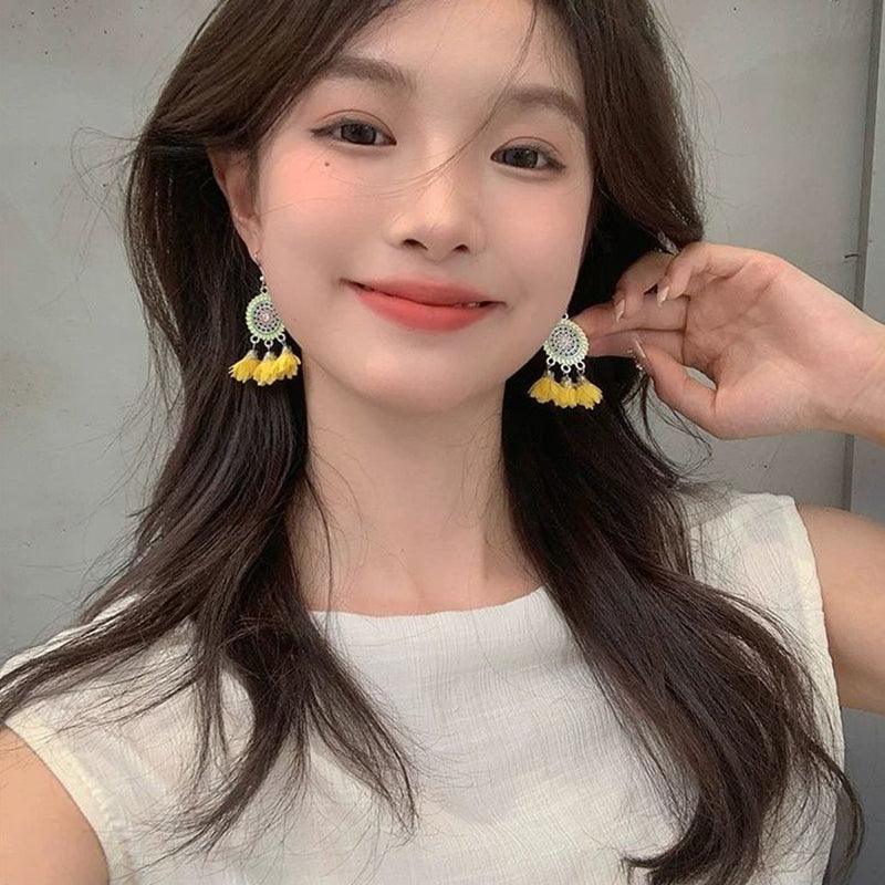 Bohemian Temperament Ethnic Style Tassel Feather Flower Earrings