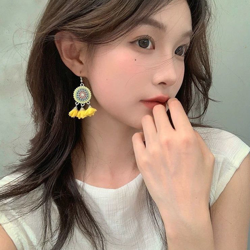 Bohemian Temperament Ethnic Style Tassel Feather Flower Earrings