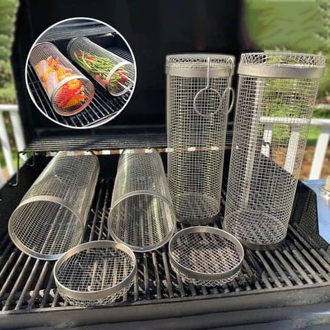🔥Rolling Grilling Basket with Wooden Handle & Hook (Color Box Packaging)