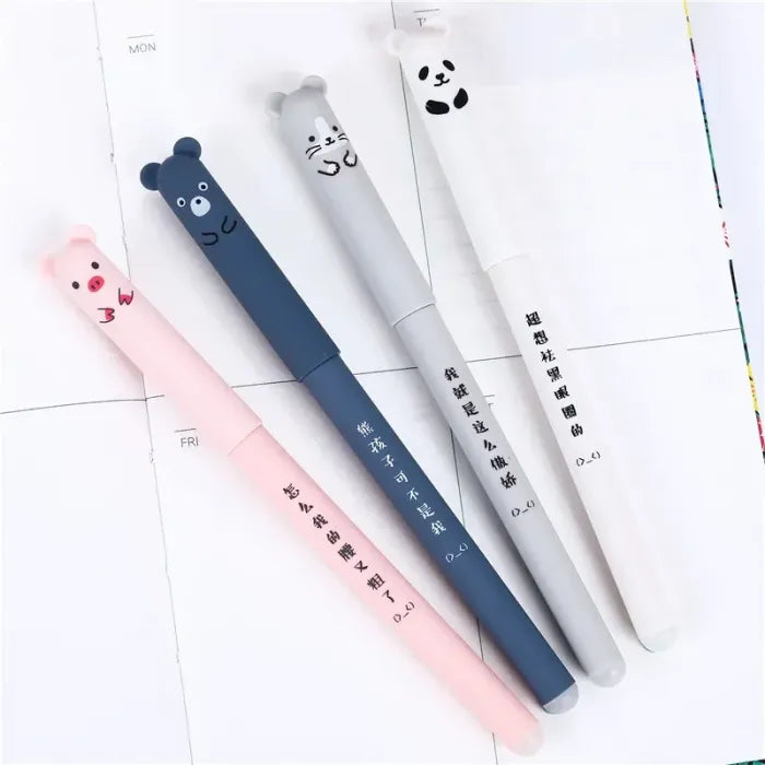 4 Pcs/Set Best Japanese Erasable 0.35 mm Gel Pen Kawaii Pig Bear Cat and Mouse
