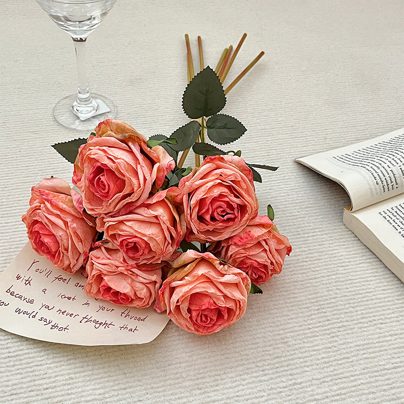 Curled edge roses,waterproof,Artificial flowers, 1 bouquet of 7 flowers, hand-held bouquet, home living room decoration, wedding & party photography prop