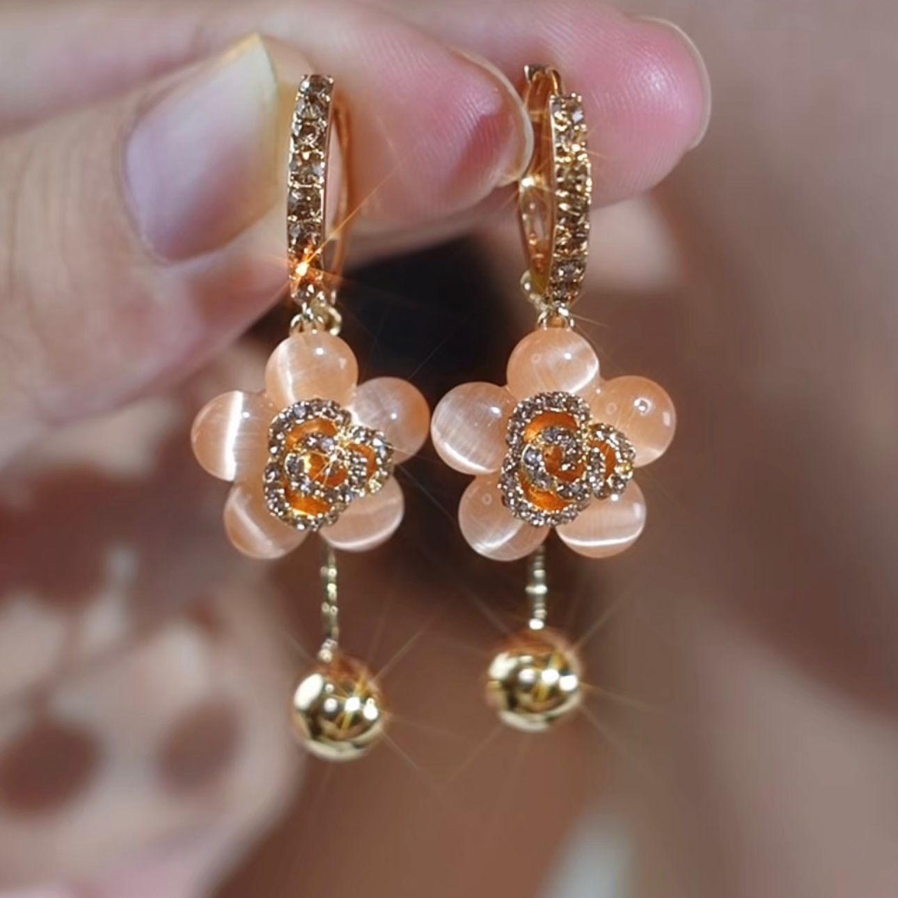 Luxury Glitter Rose Flower Tassel Ball Earrings