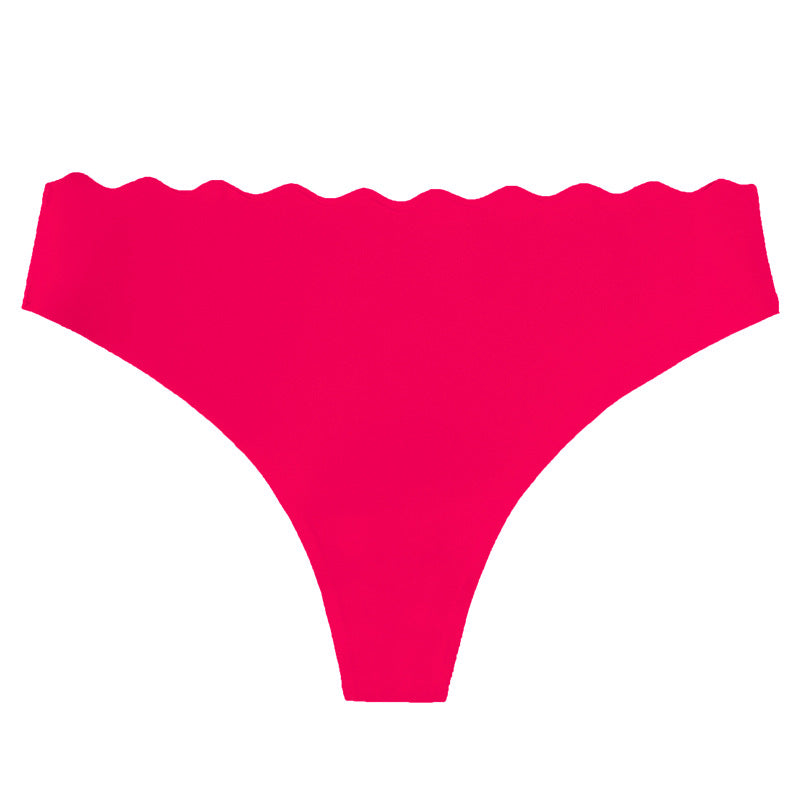 Women's Solid Scallop Trim Thong, Soft Comfort Breathable Drop Waist Seamless Panties