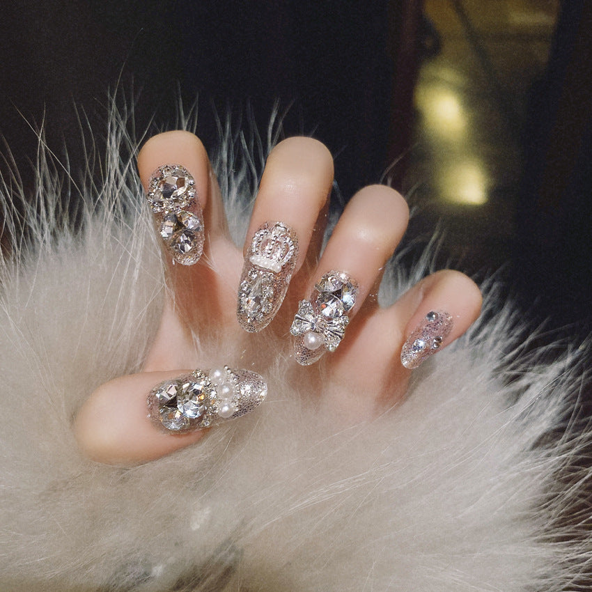 【24 Pcs】Silver Glitter Rhinestone Press-On Nails
