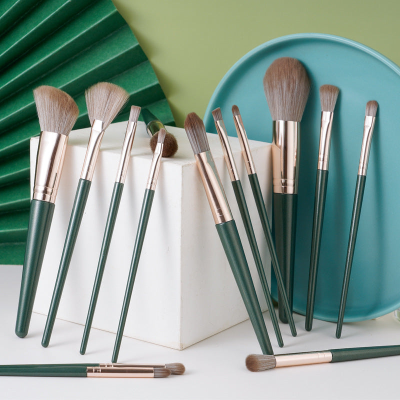 14pcs Professional Makeup Brush Set with Green ABS Handles and Nylon Brushes