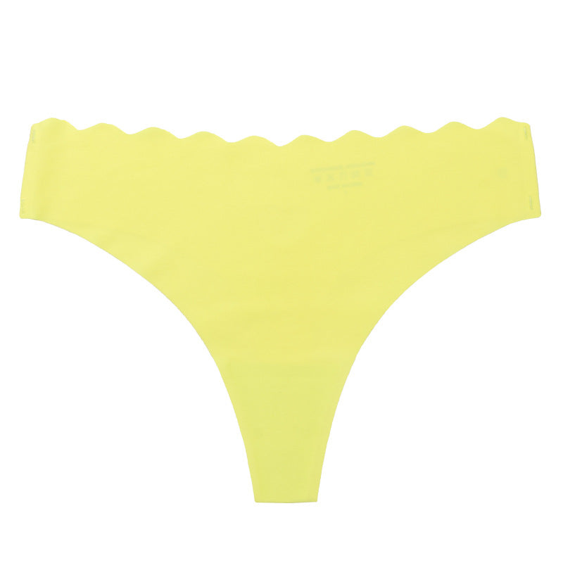 Women's Solid Scallop Trim Thong, Soft Comfort Breathable Drop Waist Seamless Panties
