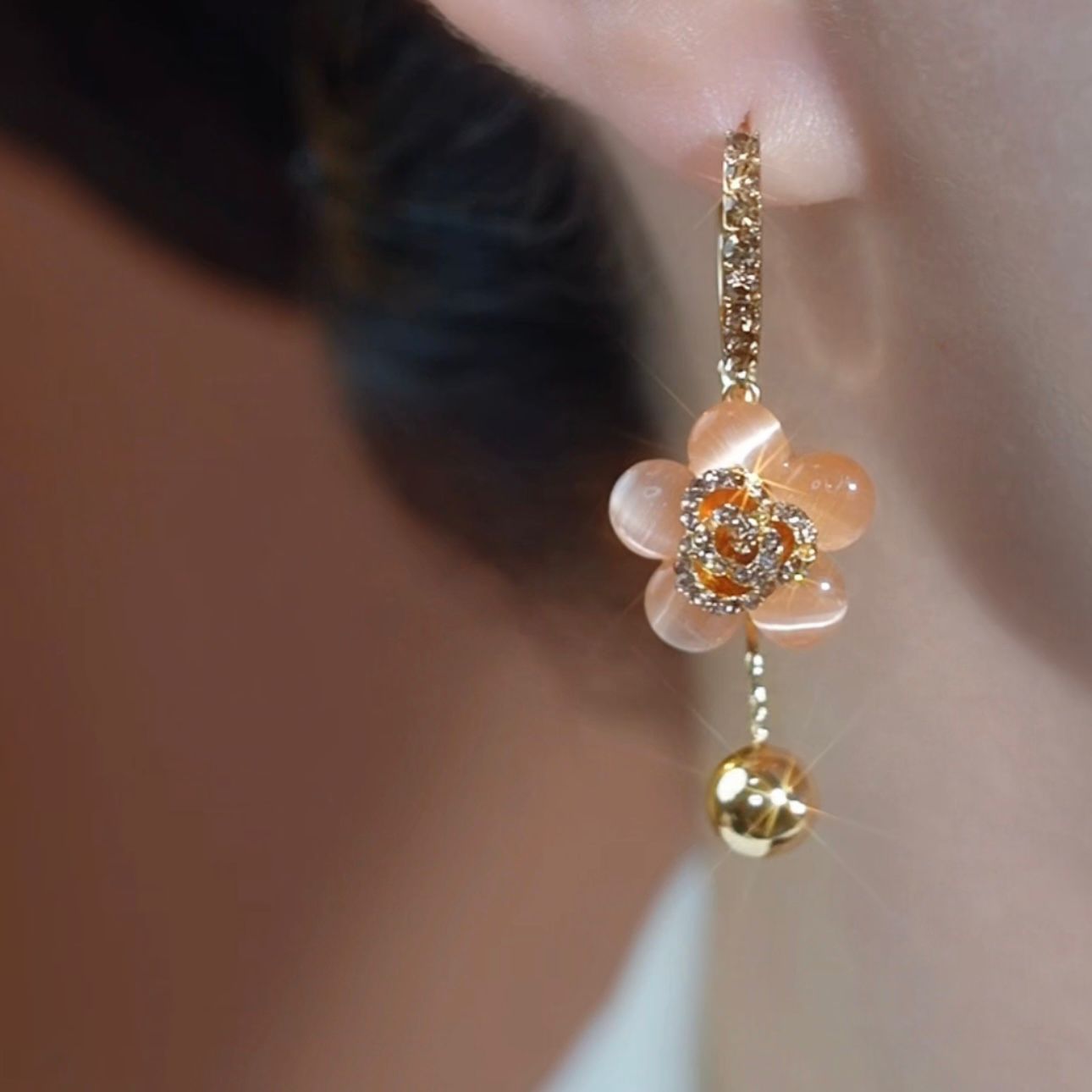 Luxury Glitter Rose Flower Tassel Ball Earrings
