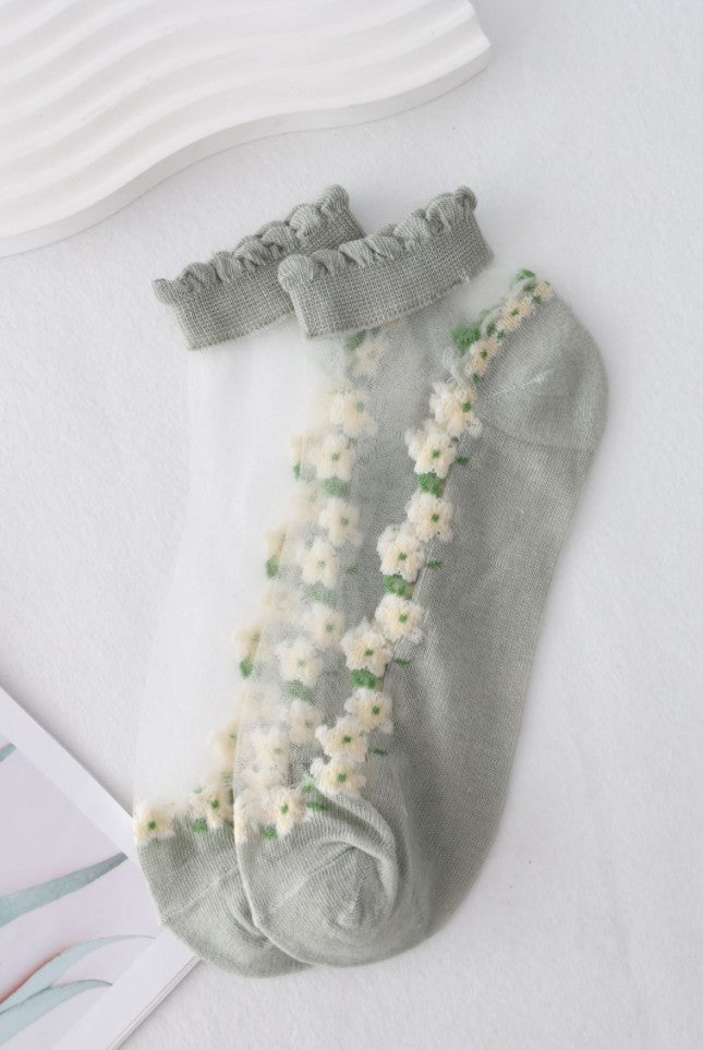 【5 Pairs】Women's Ultra-Thin Floral Mesh Socks with Cotton Sole