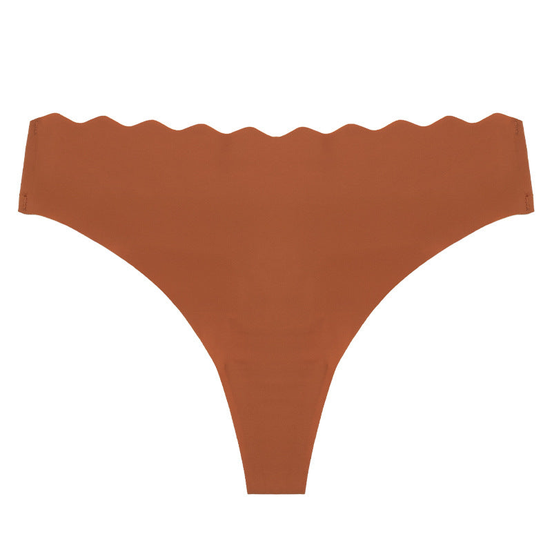 Women's Solid Scallop Trim Thong, Soft Comfort Breathable Drop Waist Seamless Panties