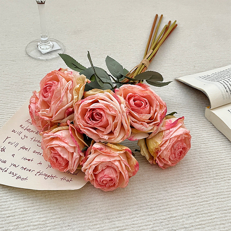 Curled edge roses,waterproof,Artificial flowers, 1 bouquet of 7 flowers, hand-held bouquet, home living room decoration, wedding & party photography prop