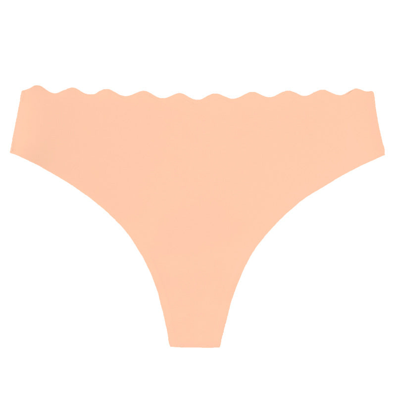 Women's Solid Scallop Trim Thong, Soft Comfort Breathable Drop Waist Seamless Panties