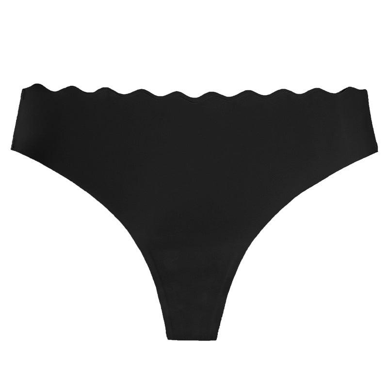 Women's Solid Scallop Trim Thong, Soft Comfort Breathable Drop Waist Seamless Panties