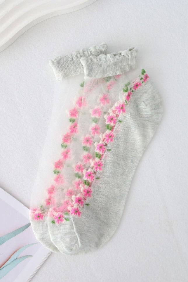 【5 Pairs】Women's Ultra-Thin Floral Mesh Socks with Cotton Sole