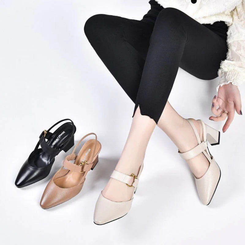 Women's fashionable casual thick-heeled pointed-toe leather shoes