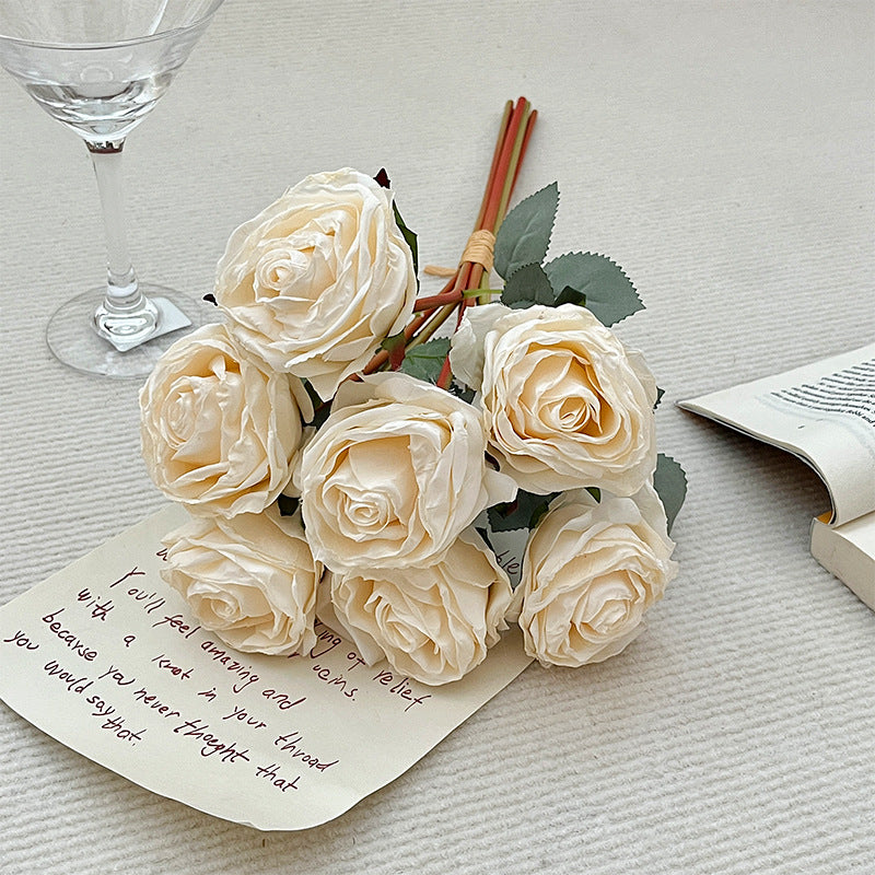 Curled edge roses,waterproof,Artificial flowers, 1 bouquet of 7 flowers, hand-held bouquet, home living room decoration, wedding & party photography prop