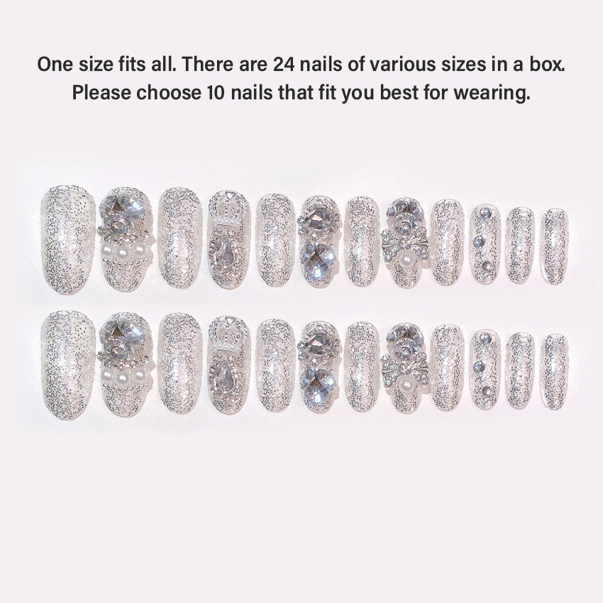 【24 Pcs】Silver Glitter Rhinestone Press-On Nails