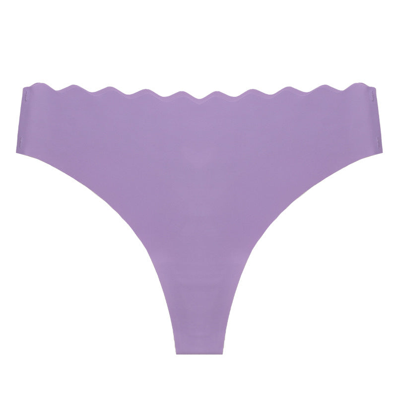 Women's Solid Scallop Trim Thong, Soft Comfort Breathable Drop Waist Seamless Panties