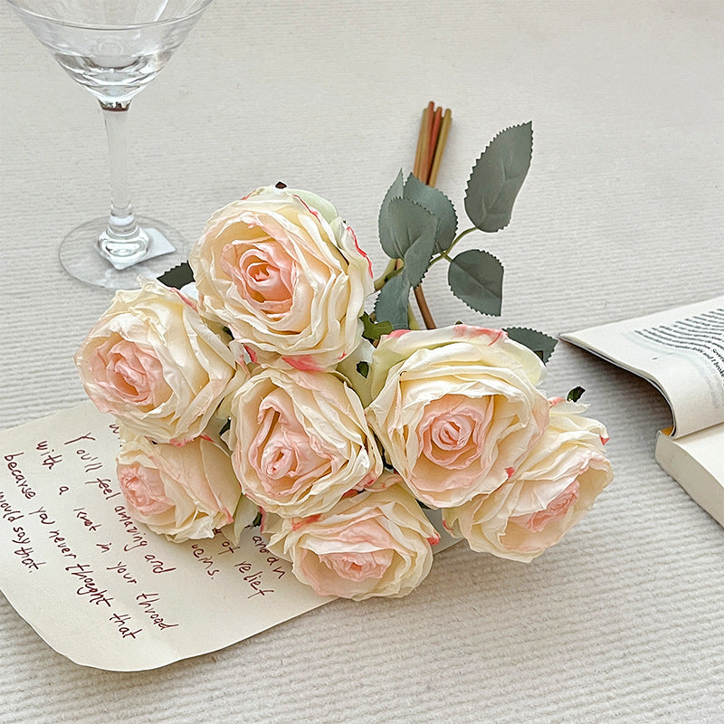 Curled edge roses,waterproof,Artificial flowers, 1 bouquet of 7 flowers, hand-held bouquet, home living room decoration, wedding & party photography prop