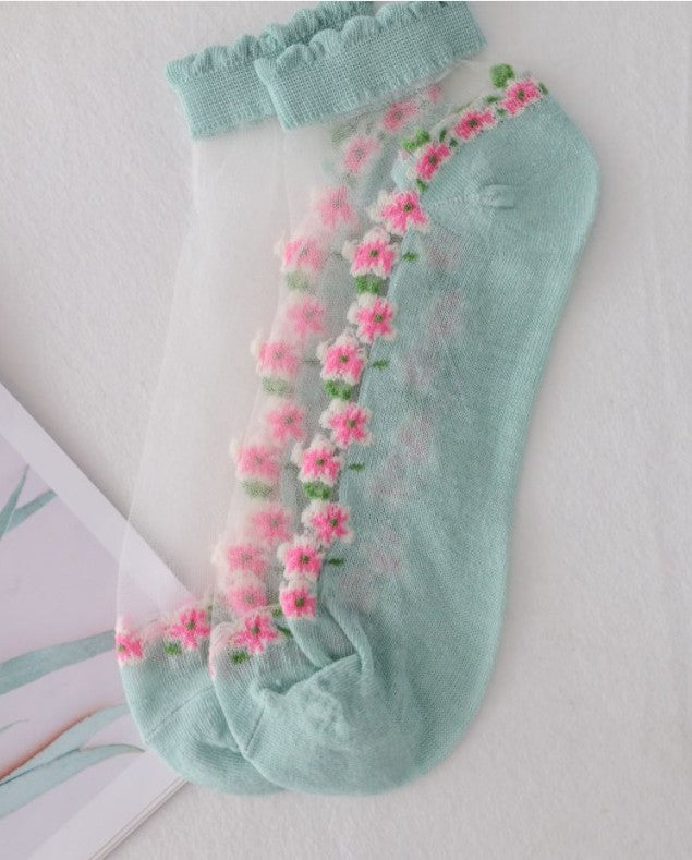 【5 Pairs】Women's Ultra-Thin Floral Mesh Socks with Cotton Sole