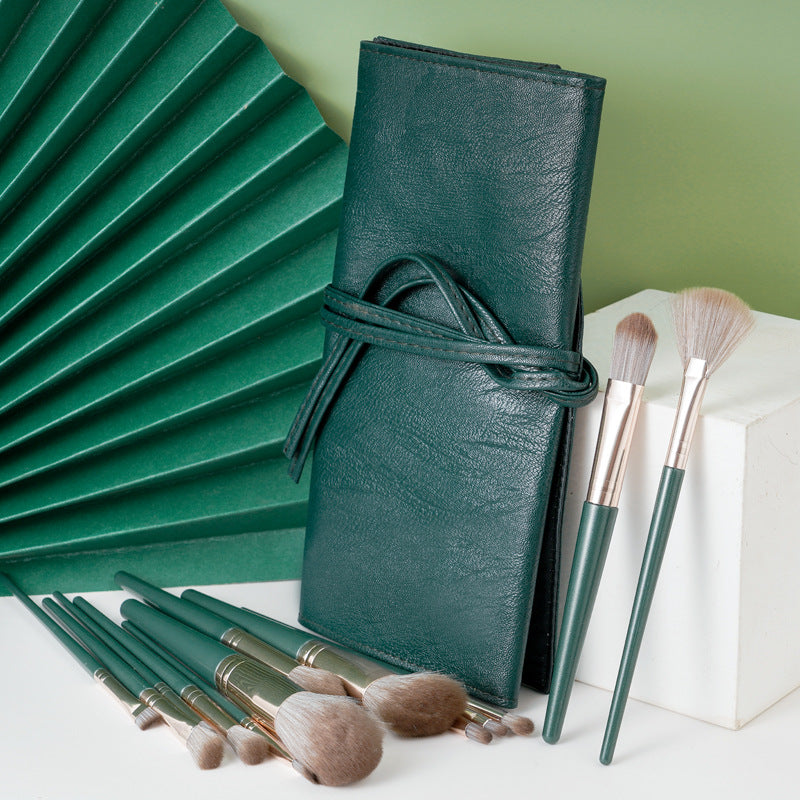 14pcs Professional Makeup Brush Set with Green ABS Handles and Nylon Brushes