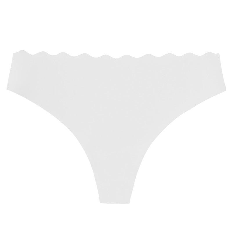 Women's Solid Scallop Trim Thong, Soft Comfort Breathable Drop Waist Seamless Panties