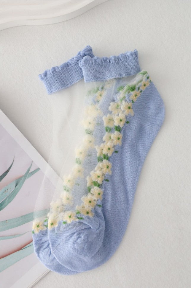 【5 Pairs】Women's Ultra-Thin Floral Mesh Socks with Cotton Sole