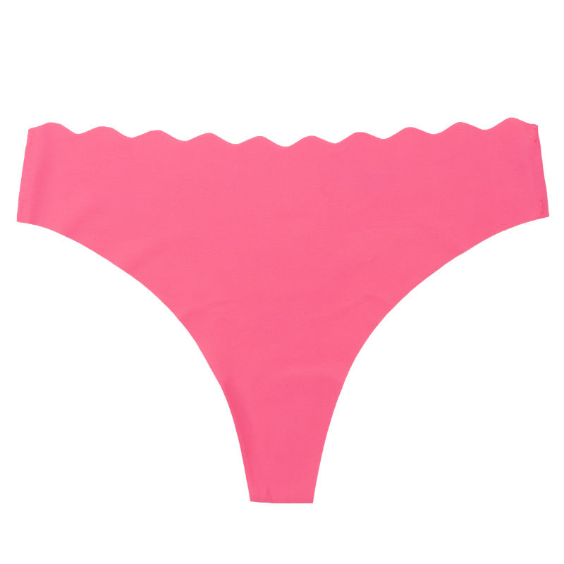 Women's Solid Scallop Trim Thong, Soft Comfort Breathable Drop Waist Seamless Panties