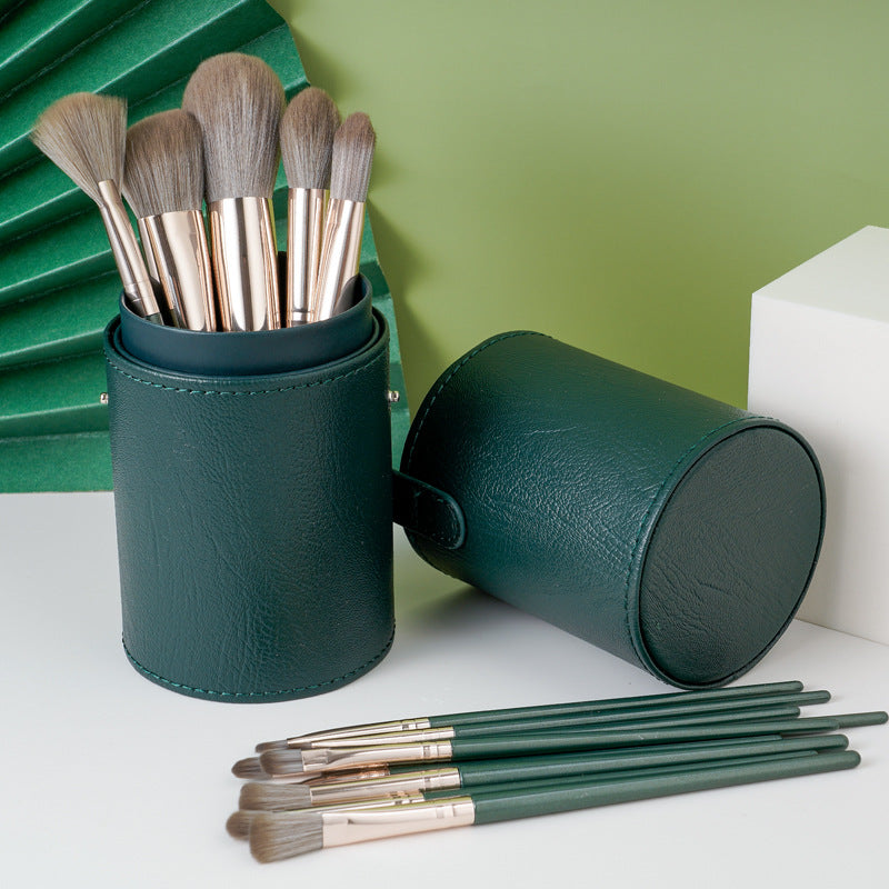 14pcs Professional Makeup Brush Set with Green ABS Handles and Nylon Brushes