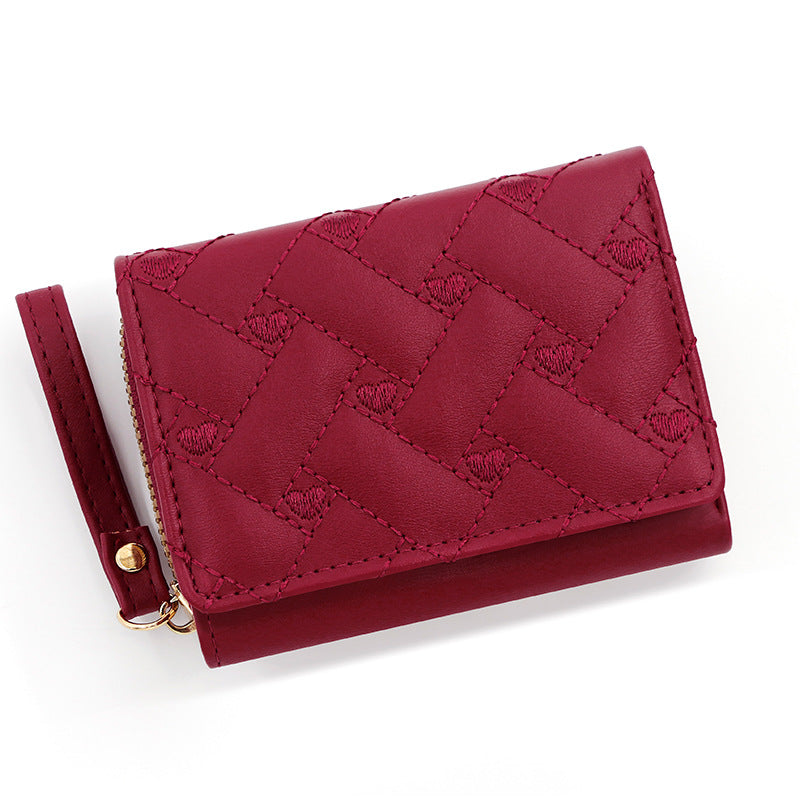 Women's embroidered heart Leather wallet, trifold bag, card holder