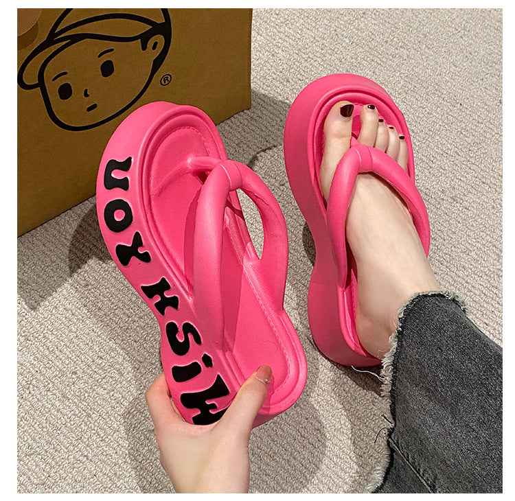 Korean Fashion Letter Print Soft Sole Flip Flops – 5CM Height Increasing Platform Slippers