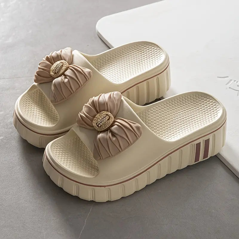 Women'S Summer EVA Slide Sandals - Thick Cushioned High Heel, Non-Slip & Odor-Resistant, Beige with Floral Bow Design