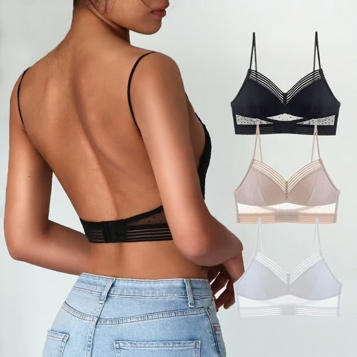 Low-back wireless lift lace polka dot bra