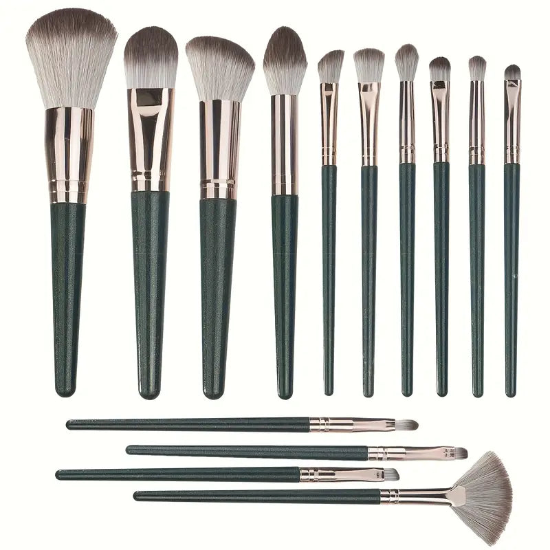 14pcs Professional Makeup Brush Set with Green ABS Handles and Nylon Brushes