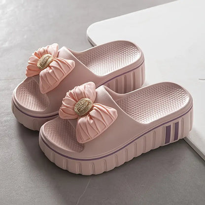 Women'S Summer EVA Slide Sandals - Thick Cushioned High Heel, Non-Slip & Odor-Resistant, Beige with Floral Bow Design