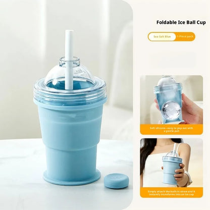 Portable Collapsible Ice Ball Cup with Straw, 300ml Food-Grade Cold Drink Tumbler for Travel, Camping, Gym & Office ❄️🥤✨