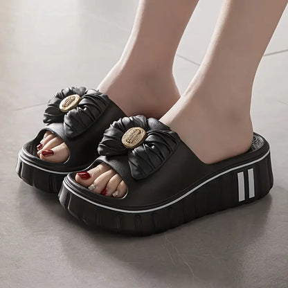 Women'S Summer EVA Slide Sandals - Thick Cushioned High Heel, Non-Slip & Odor-Resistant, Beige with Floral Bow Design