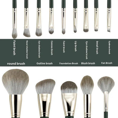 14pcs Professional Makeup Brush Set with Green ABS Handles and Nylon Brushes