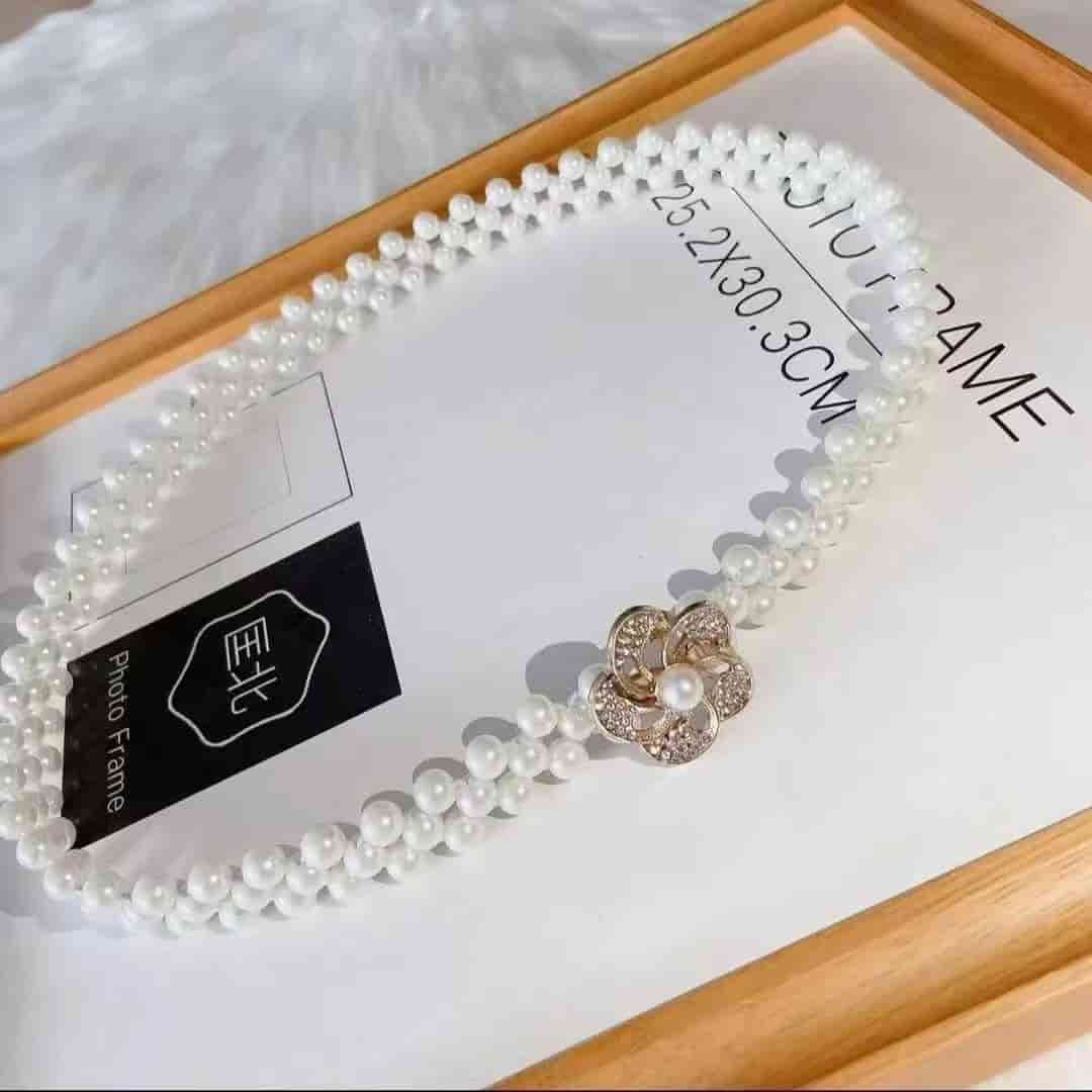 💎French Style Crystal & Pearl Waist Chain – Floral Elastic Belt, Dress Decorative Waistband, Adjustable & Elegant