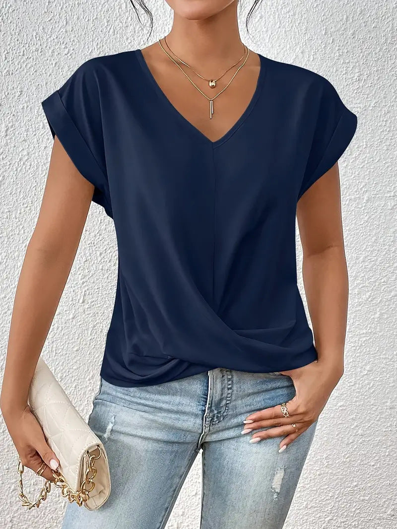 Casual Short-Sleeve T-Shirt with Elegant V-Neck Pleats