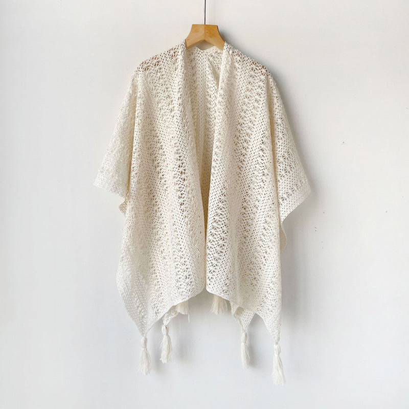 Women’s Bohemian White Hollow-Out Knit Tassel Cardigan