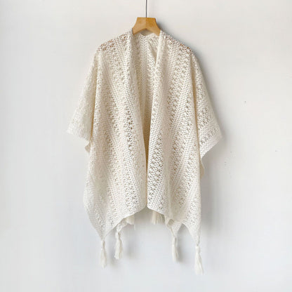 Women’s Bohemian White Hollow-Out Knit Tassel Cardigan