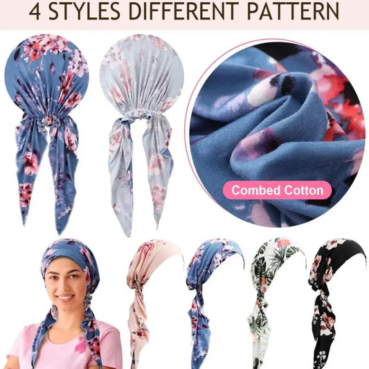 🌸Women's Floral Pre-Tied Head Scarf Turban – Dual Tails Design, Can Be Worn as Wig, Soft & Elastic, Ready-to-Wear