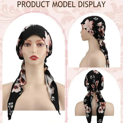🌸Women's Floral Pre-Tied Head Scarf Turban – Dual Tails Design, Can Be Worn as Wig, Soft & Elastic, Ready-to-Wear