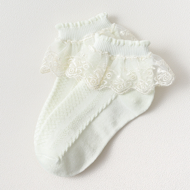 Girls' Lace Trim Princess Socks – Cotton Mesh Breathable Socks for Kids
