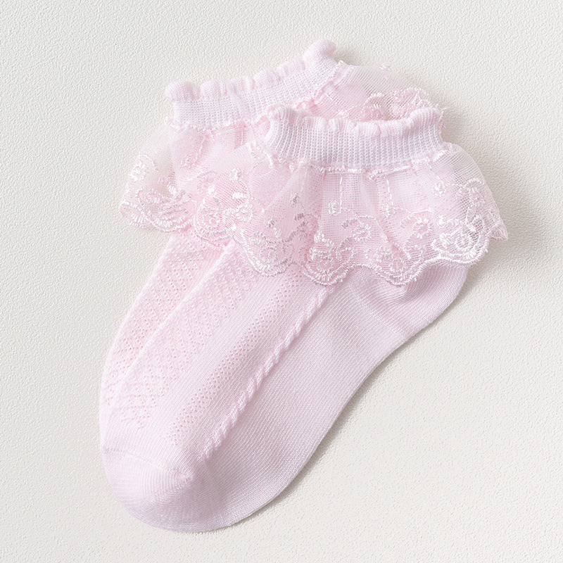 Girls' Lace Trim Princess Socks – Cotton Mesh Breathable Socks for Kids
