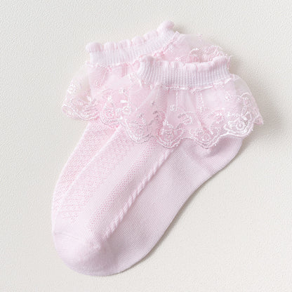 Girls' Lace Trim Princess Socks – Cotton Mesh Breathable Socks for Kids